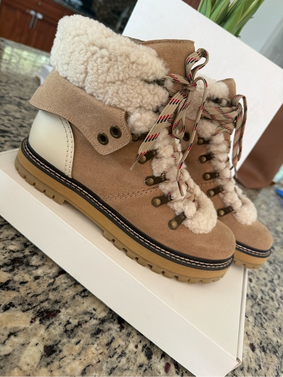 See By Chloe Shoes - See By Chloé Eileen Tan Suede Lace-Up Sherpa Boots